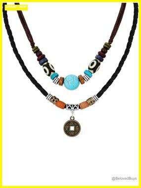 Boho Layered Wood Bead Choker Necklace with Coin Charm Faux Leather